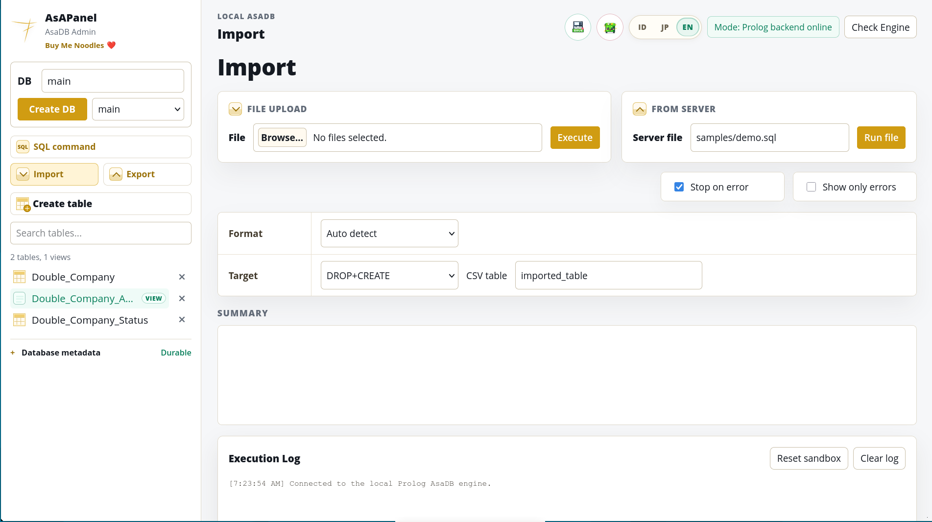 AsAPanel Import workspace with local file and server-file controls